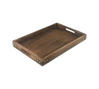 Jotekonoby Vassoio da portata in legno in stile vintage con protezioni angolari in metallo e manici cavi, per tavolo da pranzo per colazione, espositore decorativo (M 36 x 23,5 x 4 cm)