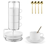 JOTOL Set di 4 Tazzine Caffè, 4 x 5oz(160ml) Set Tazzine Caffè impilabili in Piattino e Supporto in Metallo, Ideale per Espresso, Cappuccino, Latte, Moka e Tè(con 4 Cucchiaio da Caffè)