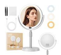 JOTOL Specchio Trucco con Luci,Specchio ingrandimento 10X,3 Colori di Luce,Luminosità Regolabile Rotazione a 360°,Batteria Ricaricabile 2000mAh,Ideale per Make up Bagno e Viaggio