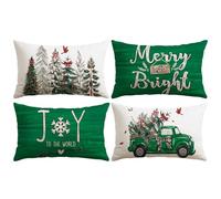 JOTOM Set di 4 federe decorative natalizie, per soggiorno, giardino, albero di Natale, camion, verde)