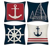 JOTOM - Set di 4 federe decorative per cuscini, per divano, auto, casa, letto, con timone e barca a vela, 45 x 45 cm, motivo: àncora