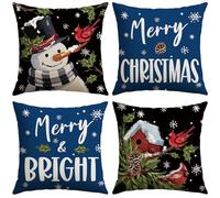 JOTOM Set di 4 federe natalizie per cuscini, 50 x 50 cm, con pupazzo di neve e uccellino rosso, decorative, per divano, letto, decorazione natalizia (pupazzo di neve e uccello blu)