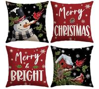 JOTOM Set di 4 federe natalizie per cuscini, 50 x 50 cm, con pupazzo di neve e uccellino rosso, decorative, per divano, letto, decorazione natalizia (pupazzo di neve e uccello rosso)