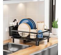 JOUING Scolapiatti da Appoggio Scolapiatti da Lavellocon Drenaggio Automatico Scolapiatti in Metallo con Vassoio Dish Rack con Porta Posate e Portabicchieri (Nero, Piccolo)