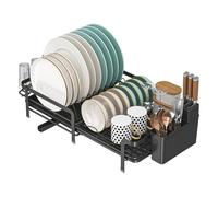 JOUING Scolapiatti da Cucina con Vassoio, Organizzatore Stoviglie in Metallo Nero, Portaposate Integrato (Nero)