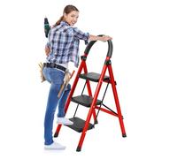 joukares Scala a 3 gradini, sgabello pieghevole con pedali larghi antiscivolo, scala pieghevole multiuso per casa e camper, scala resistente per uso interno ed esterno, supporta fino a 150 kg, rosso