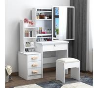 joukares Tavolo da toeletta con specchio e sgabello, tavolo da trucco con luci a LED e specchio (3 modalità di colore), scrivania per trucco con cassetti e ripiani, piccolo tavolo da trucco per camera