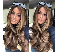 JOUKAYEA Parrucca lunga ondulata biondo miele castano per donne bianche e nere, parrucca sintetica da spiaggia sciolta per capelli castani, radice scura dall'aspetto naturale realistico da donna sexy