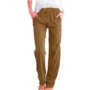 jovati Pantaloni dritti da donna, in cotone e lino, leggeri, casual, comodi, con tasche, cachi., XXL