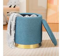 Joveco Boucle - Pouf rotondo con coperchio rimovibile, piccolo poggiapiedi imbottito con base placcata in oro, per dormitorio, soggiorno, camera da letto, blu