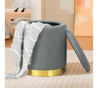 Joveco Pouf rotondo con coperchio rimovibile, sgabello imbottito imbottito con base placcata in oro, tavolino da caffè per soggiorno, camera da letto, ingresso della stanza dei trucchi, grigio