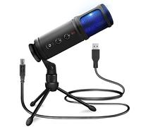 Jovial Pyle - Microfono a condensatore USB per registrazione, microfono a condensatore audio portatile, LED blu, guadagno regolabile, jack per cuffie, controllo mute, supporto per treppiede, per