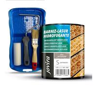 JOVIRA PINTURAS Impregnante legno, Lasur idrorepellente protettivo satinato all'acqua e kit con minicubo, rullo di schiuma, bastone e pennello (750 millilitri, Grigio Intemperie + kit Vernice-Lasur)