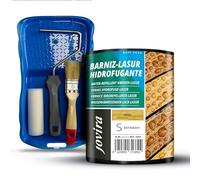 JOVIRA PINTURAS Impregnante legno, Lasur idrorepellente protettivo satinato all'acqua e kit con minicubo, rullo di schiuma, bastone e pennello (750 millilitri, Pino + kit Vernice-Lasur)