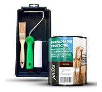 JOVIRA PINTURAS Vernice - Lasur protettiva satinato a base d'acqua e mini secchio, rullo in schiuma, manico e pennello (750 ml, Castagno + Kit Vernice-Lasur) D-24-K