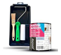 JOVIRA PINTURAS Vernice Per Piastrelle 750 ml | a Base d'acqua e Mini secchio, rullo in schiuma, manico e pennello (750 ml, Pittura Blu Acciaio + Kit Piastrelle) F-16-K