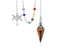 JOVIVI 7 Chakra Pendolo Esoterico in Pietra Naturale con Pentacolo per Divinazione Vintage Pendolino Divinatorio Radioestesia Cono Esagonale in Cristallo Rabdomanzia Reiki Guarigione - Occhio di Tigre