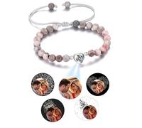 Jovivi Bracciale Proiezione con Foto Personalizzata Donna Bracciale con Perline in Pietra Naturale Foto Dentro Personalizzabile Proiettata Braccialetto Regolabile Memoriale Cuore Diaspro Zebra Rosa
