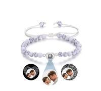 Jovivi Bracciale Proiezione con Foto Personalizzata per Donna Bracciale con Perline in Pietra Naturale Foto Dentro Personalizzabile Proiettata Braccialetto Regolabile Memoriale Cuore Howlite Bianco