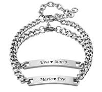 Jovivi Bracciali Identificativi Incisione Personalizzati con Nome e Testo per Fidanzati, 2 Pezzi ID Bracciale di Coppia con Inciso Catena Regolabile in Acciaio Inox, Regalo per Lui Lei Annivesario