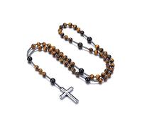 JOVIVI Collana Rosario Cristiano in Pietra Naturale per Uomo Donna Collana-Y con Ciondolo Croce Crocifissa in Ematite Preghiera Mala Collana Perline Pietre e Cristalli Reiki Guarigione-Occhio di Tigre