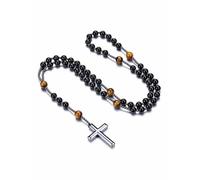Jovivi Collana Rosario Cristiano in Pietra Naturale per Uomo Donna Collana-Y con Ciondolo Croce Crocifissa in Ematite Preghiera Mala Collana Perline Pietre e Cristalli Reiki Guarigione - Ossidiana