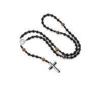 JOVIVI Collana Rosario Cristiano Medaglia San Benedetto in Pietra Naturale per Uomo Donna Collana Crocifissa con Croce in Ematite Preghiera Collana Perline Agata Nera Occhio di Tigre Amuleto Religiosi