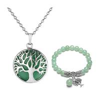 Jovivi Parure Gioielli Collana e Bracciale Albero della Vita in Pietra Naturale per Donna Ragazza Bracciale Elastico Ciondolo Albero Tibetano Yoga Collana in Cristallo Reiki Guarigione Avventurina