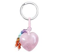 Jovivi Portachiavi Cuore in Pietra Naturale con 7 Chakra Gemme, Portachiavi Ciondolo di Cristallo Energia per Reiki Chakra Guarigione, Porta Chiavi Portafortuna Pietra Preziosa per Mamma-Quarzo Rosa
