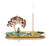 JOVIVI Portaincenso Bastoncino Soprammobile con Albero della Vita in Chakra Pietre, Bruciatore Incenso Ceneri con Statua Buddha Ornamento Decorativo Interni Casa Reiki Guarigione-Occhio di Tigre