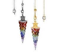 Jovivi Vintage Pendolo Esoterico in Cristalli di Rocca per Divinatorio Pendolo Rabdomanzia Radioestesia a Cono Spirale con Gemme Pendolino Pietra Energia Terapia Corona Antico - 7 Chakra Argento Oro