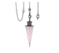 Jovivi Vintage Pendolo Esoterico in Cristalli di Rocca per Divinatorio, Pendolo Rabdomanzia Radioestesia a Cono Spirale con Gemme Preziose, Pendolino Pietra Energia Terapia Corona Argento-Quarzo Rosa