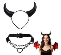JOVYTH Costume Diavolo Donna 2 Pezzi, Cerchietto Corna Nere e Collana Choker Cuore Gotica, Accessori Halloween Carnevale Cosplay