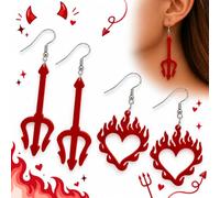 JOVYTH Orecchini rossi a tridente diabolico, 2 paia rosso lucido a forma di tridente, il rosso lucido e le linee angolari del tridente rafforzano un look diabolico evidente