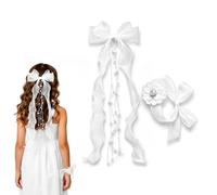 JOVYTH Set 2 Pezzi Fiocco Capelli e Velo Sposa, Tulle Bianco con Gancio Invisibile, Legaccio Polso Abbinato per Cerimonia, Addio al Nubilato e Prima Comunione