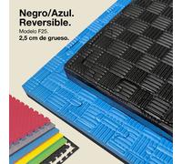 JOWY Tatami Puzzle 100x100 cm · Spessore 2,5 cm · Superficie 5 linee · Reversibile blu/nero · Gomma EVA antiscivolo · Tappetino per arti marziali, fitness e pavimento Tatami giapponese