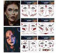 Joxessaien 6 fogli di tatuaggi per il viso di Halloween, adesivi temporanei con lacrime di sangue, occhi, ragno, cicatrici, ali del diavolo, per donne e bambini, trucco di Halloween, per cosplay e