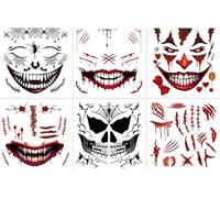 Joxessaien 6 fogli di tatuaggi spaventosi Joker - Tatuaggi temporanei di Halloween per uomini e donne, Clown Face Tatuaggi adesivi per costume party cosplay make up