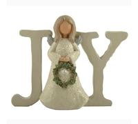 Joy, statuetta di angelo, decorazione natalizia in resina con angelo che tiene corona, ornamento religioso natalizio per mensola, caminetto, tavolo, 12 cm, segno di gioia per presepe