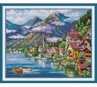 Joy Sunday Kit per punto croce 14CT a trama contata, Include Tela Aida, Filo di Cotone, Ago e Disegno - Ideale per Adulti e Principianti, fili DMC da ricamo, Villaggio Alpino 54cm X 44cm