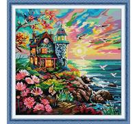 Joy Sunday Kit per punto croce 14CT a trama contata, Include Tela Aida, Filo di Cotone, Ago e Disegno - Ideale per Adulti e Principianti, Faro Sul Mare 43cm X 43cm