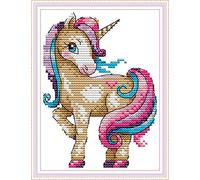 Joy Sunday Kit per Ricamo a Punto Croce con Disegno Stampato, Completo di Filo e Ago - Ideale per Bambini e Principianti-Unicorno Magico 18 Cm X 22 Cm