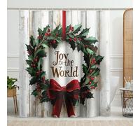 Joy to The World - Tenda da doccia moderna in tessuto impermeabile con ganci - corona di agrifoglio verde - Decorazione per il bagno di Natale, vacanze invernali - Tenda da doccia moderna in tessuto