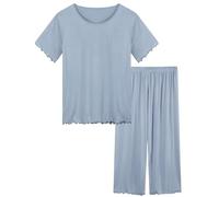 Joyaria Pigiama corto da donna, girocollo, biancheria da notte a maniche corte e pantaloni lunghi a 3/4, taglie S-XXL, Blu polvere, M