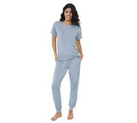 Joyaria Pigiama lungo da donna, con top corto e pantaloni lunghi con polsini, estivo, a maniche corte, pigiameria, Nebbia Blu, L
