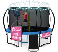 JoyBerri Upsurge - Trampolino da esterno certificato ASTM, sicuro, 2,4 m, 3,4 m, 4,6 m, 4,6 m, 4,6 m, per bambini e adulti, rivestimento antiruggine con rete di recinzione, scala, irrigatore e luci
