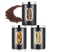 JOYBOY Barattoli Rotondi in Acciaio,Set da 3 Barattoli con Finestra,Contenitori Alimentari Ermetici in Acciaio Inossidabile per la Conservazione di Farina,Zucchero,Caffè,Tè(Nero)