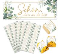 Joycabin 100 adesivi per bomboniere, per matrimonio, con scritta in lingua tedesca "Schön, dass du da bist eucalipto", per bomboniere, rettangolari, 5 x 1,8 cm