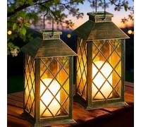 Joycome Lanterne da Esterno 2 Pezzi Lanterna Solare da Giardino con Candele Tremolante, Lampada Solari da Appendere Impermeabile Lampade da Tavolo per Arredo Terrazzo Balconi Decorazioni - Rame