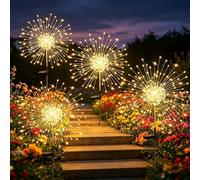Joycome Luci Solari 4 Pezzi Lampioni da Giardino Esterno Solari, 120 LED Paletti da Giardino IP65 Impermeabile Lampada Solare Terra Luci per Prato Vialetto Scala Paesaggio (Bianco Caldo)